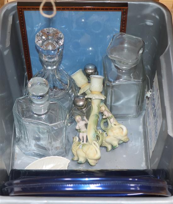 A mixed quantity of collectables including glass decanters, an inlaid frame, a vintage bag and sundries